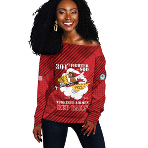 Personalized 301st Fighter Squadron WWII Off Shoulder Sweater Red Tails Heritage - Red - African Pride