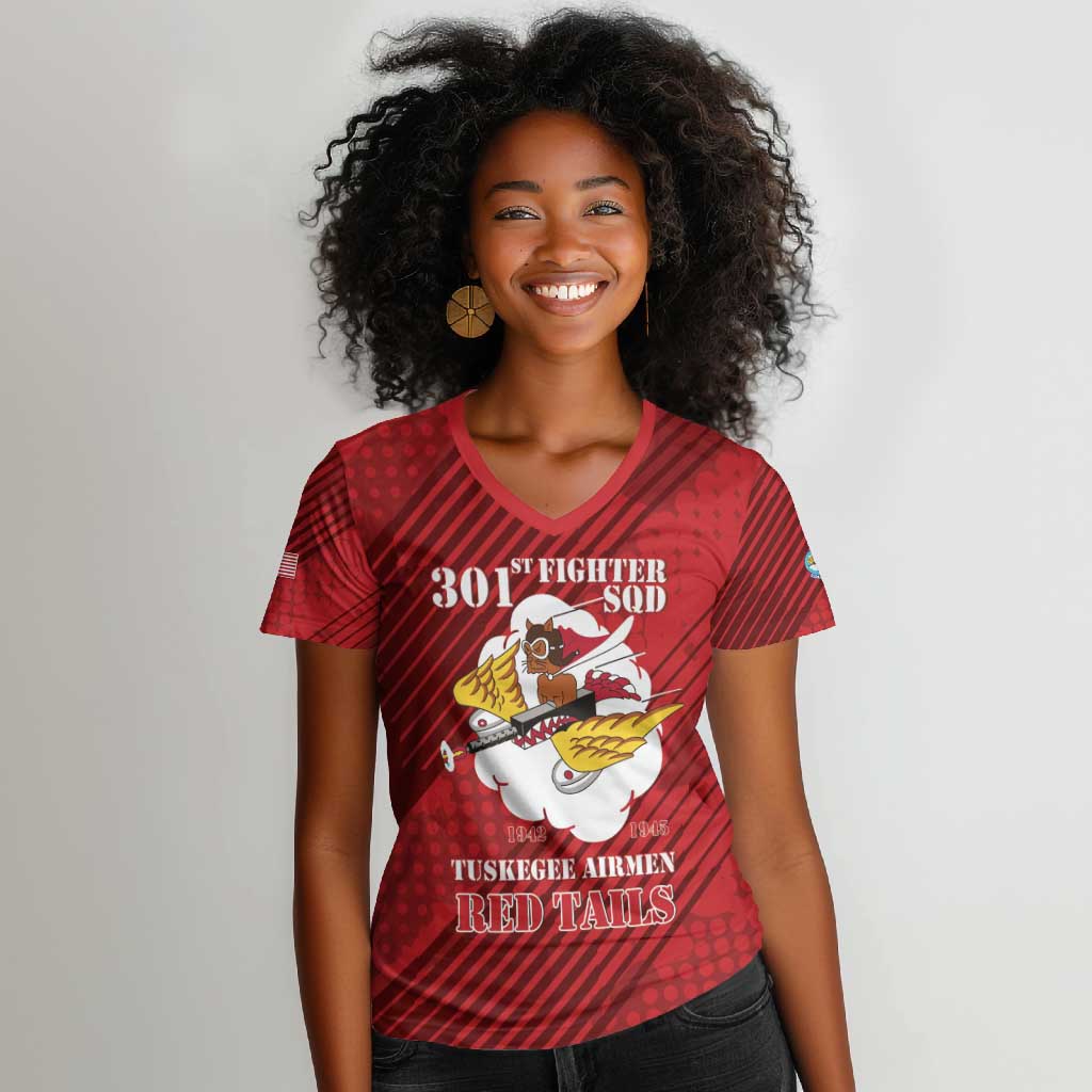Personalized 301st Fighter Squadron WWII Women V-Neck T-Shirt Red Tails Heritage - Red - African Pride