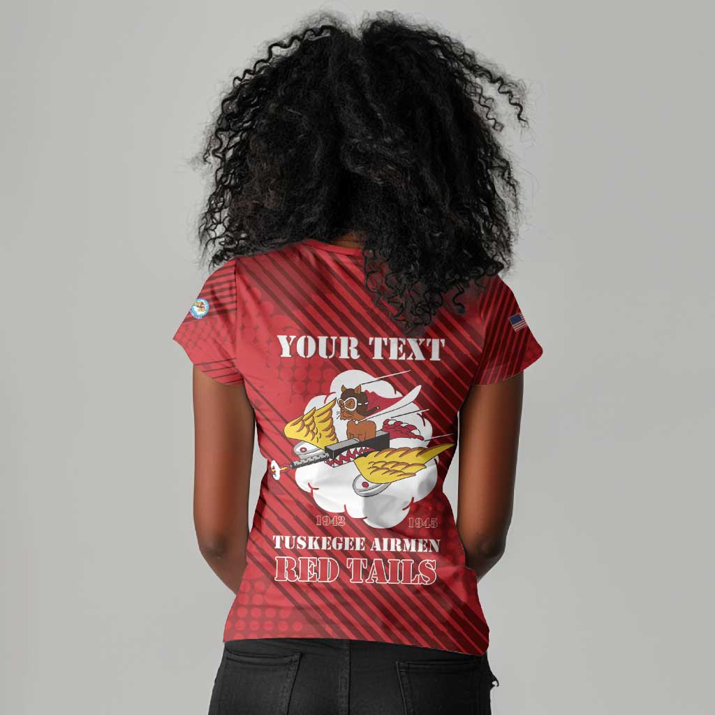 Personalized 301st Fighter Squadron WWII Women V-Neck T-Shirt Red Tails Heritage - Red - African Pride