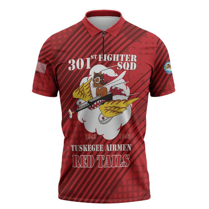 Personalized Tuskegee Airmen Red Tails Zipper Polo Shirt 301st Fighter Squadron - Red