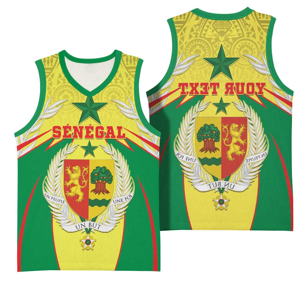 Personalised Afro Senegal Basketball Jersey Coat Of Arms Mix African Pattern - African Pride