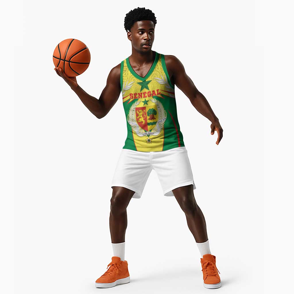 Personalised Afro Senegal Basketball Jersey Coat Of Arms Mix African Pattern - African Pride