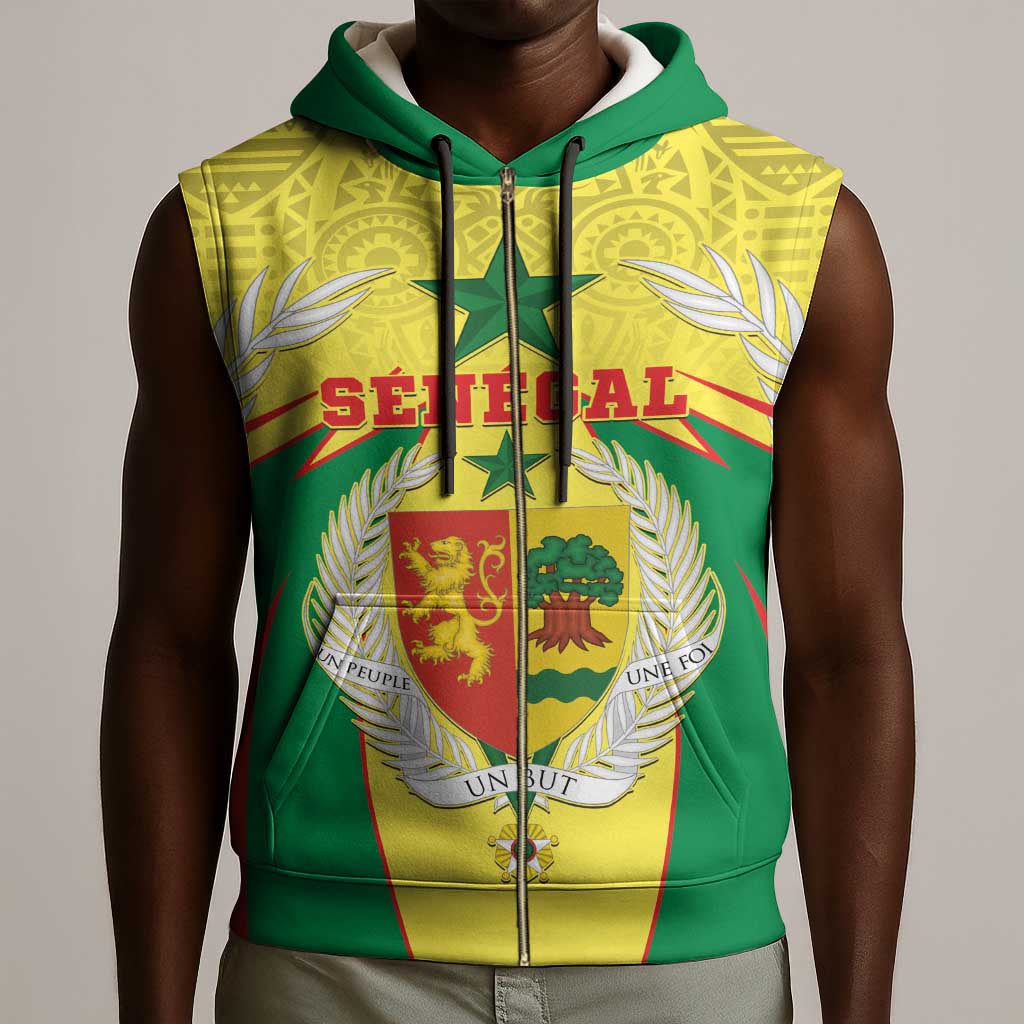 Personalised Afro Senegal Sleeveless Zip Hoodie Coat Of Arms Mix African Pattern - African Pride