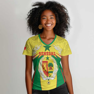 Personalised Afro Senegal Women V-Neck T-Shirt Coat Of Arms Mix African Pattern