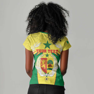 Personalised Afro Senegal Women V-Neck T-Shirt Coat Of Arms Mix African Pattern