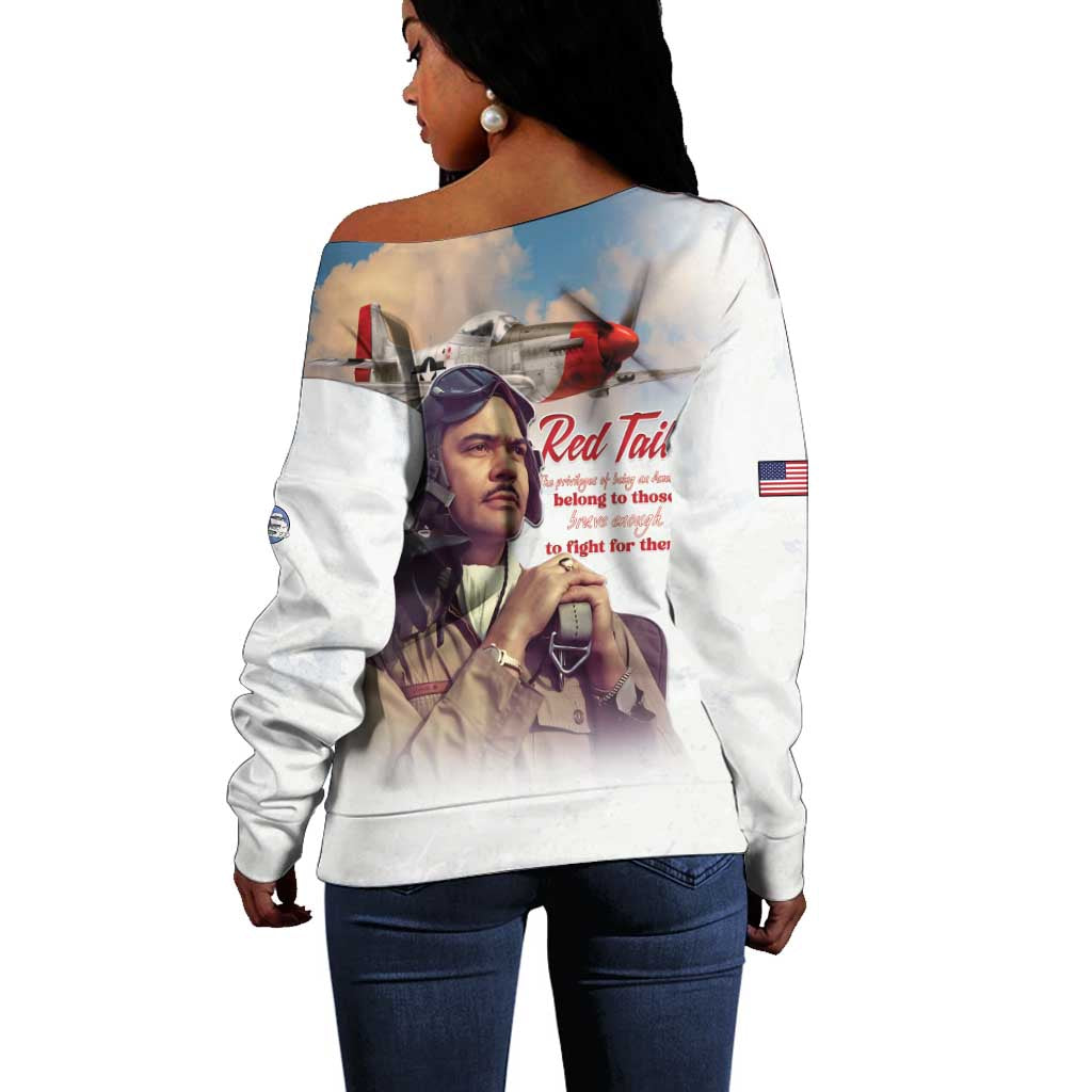 Sky Leaders of WWII Off Shoulder Sweater Red Tails Tuskegee Tribute - African Pride