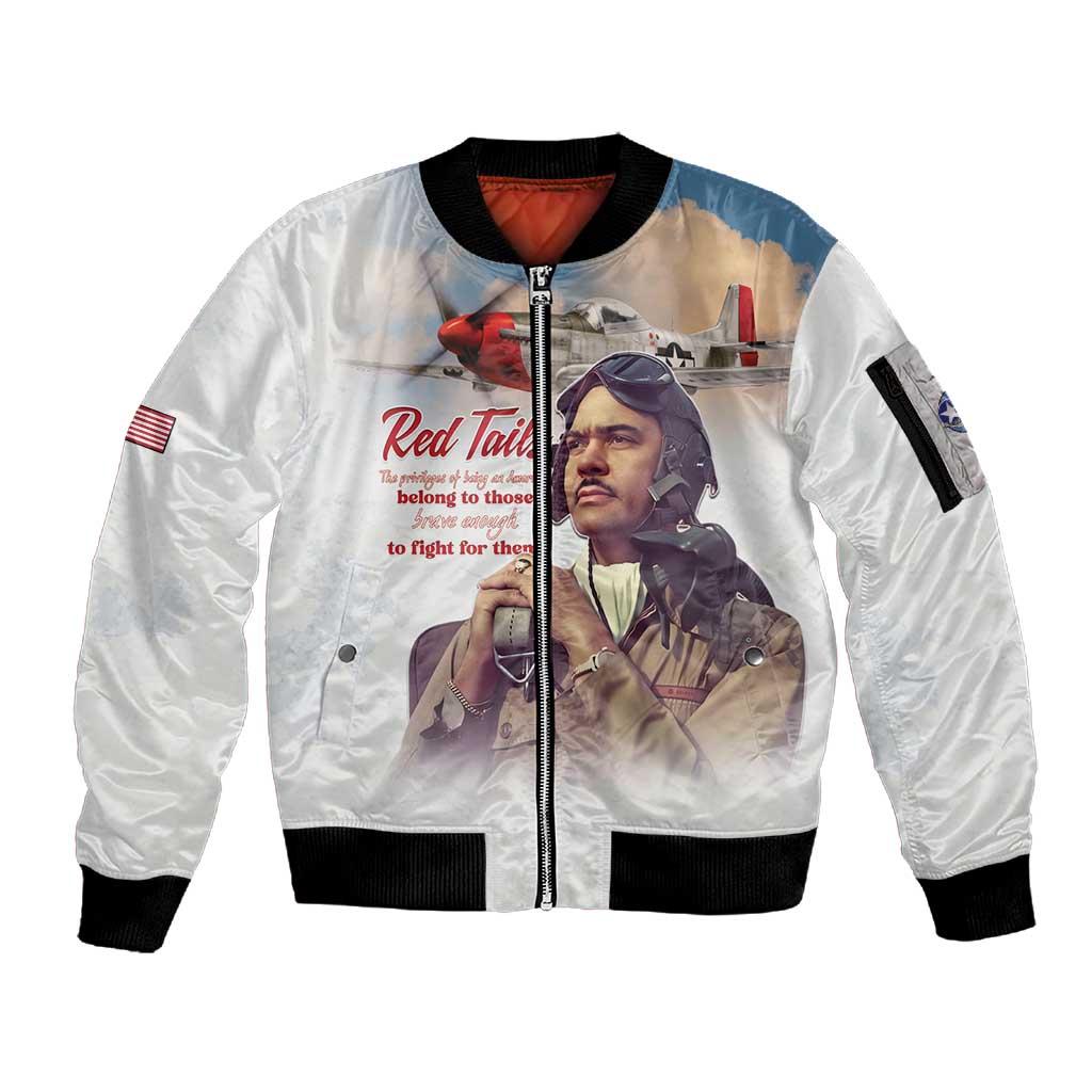 Sky Leaders of WWII Sleeve Zip Bomber Jacket Red Tails Tuskegee Tribute - African Pride