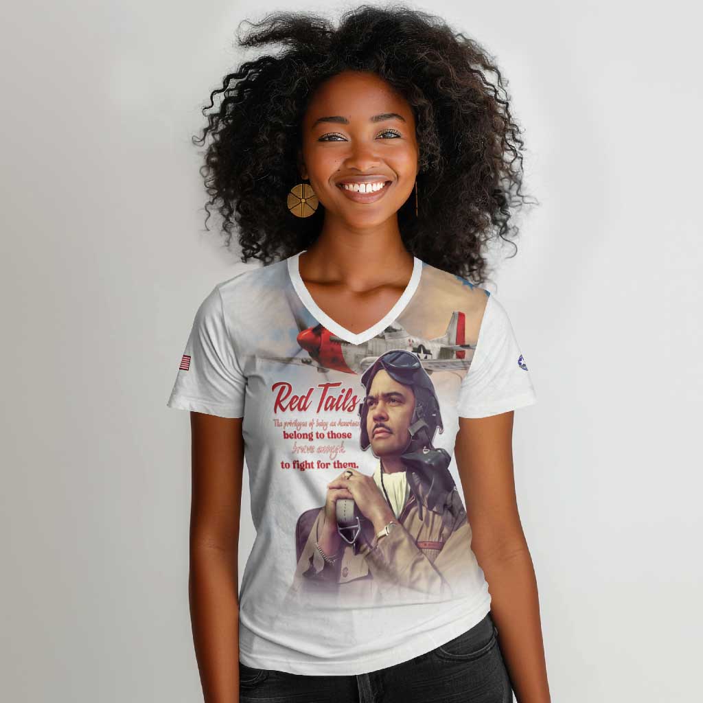 Sky Leaders of WWII Women V-Neck T-Shirt Red Tails Tuskegee Tribute - African Pride