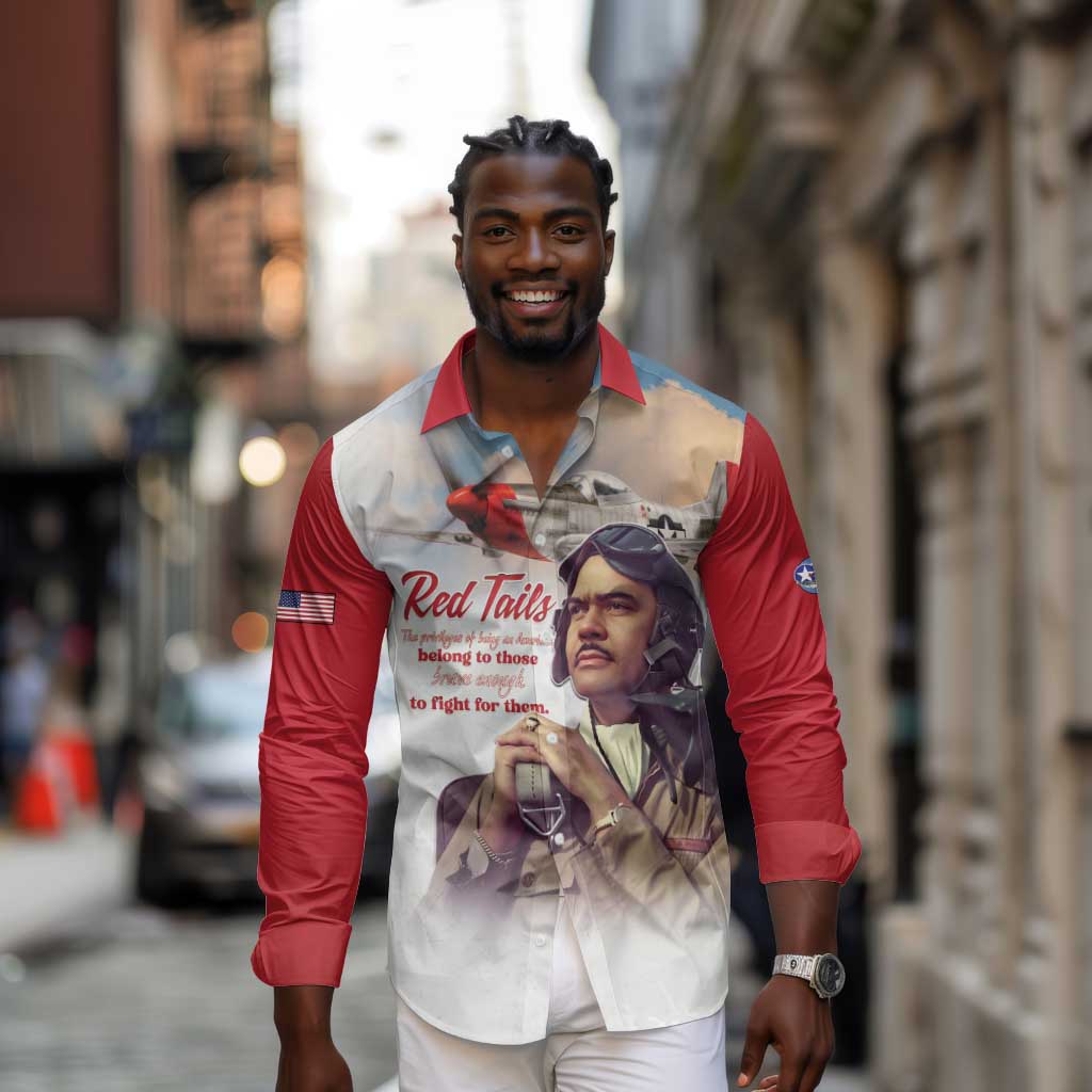 Sky Leaders of WWII Long Sleeve Button Shirt Red Tails Tuskegee Tribute - Red - African Pride
