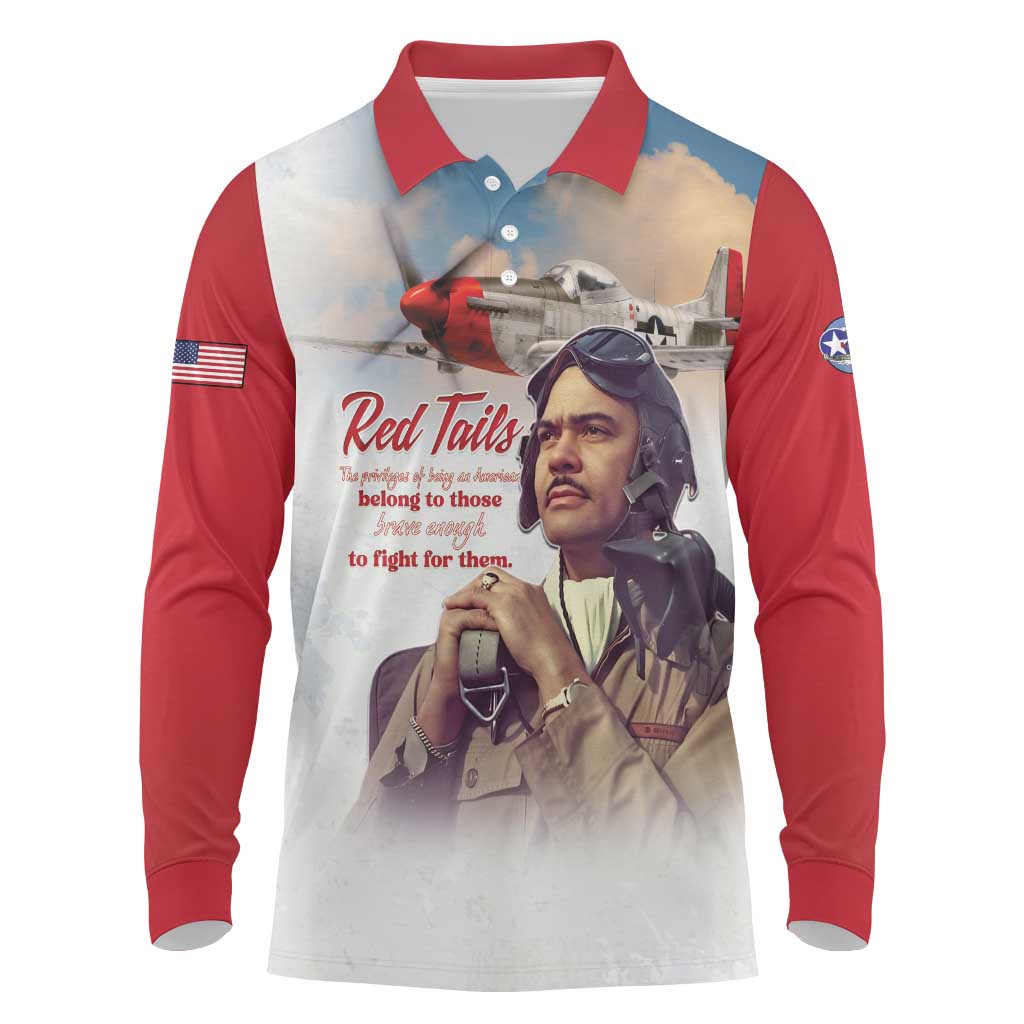 Sky Leaders of WWII Long Sleeve Polo Shirt Red Tails Tuskegee Tribute - Red - African Pride