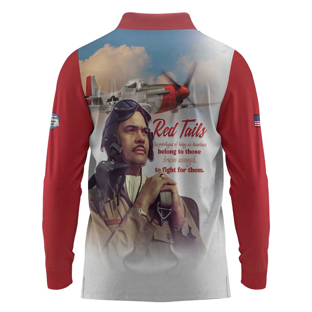 Sky Leaders of WWII Long Sleeve Polo Shirt Red Tails Tuskegee Tribute - Red - African Pride