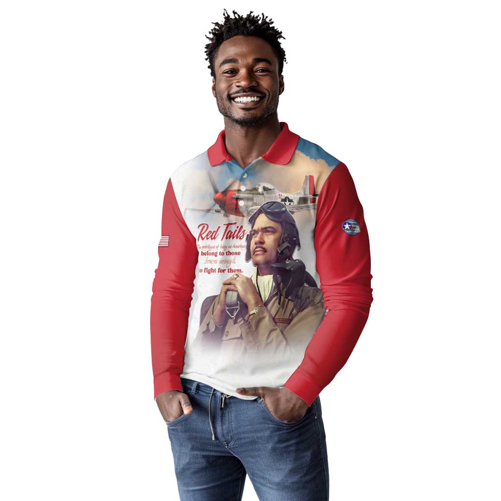 Sky Leaders of WWII Long Sleeve Polo Shirt Red Tails Tuskegee Tribute - Red - African Pride