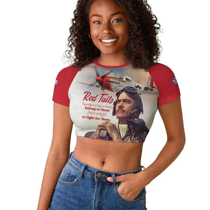 Sky Leaders of WWII Raglan Cropped T shirt Red Tails Tuskegee Tribute - Red - African Pride