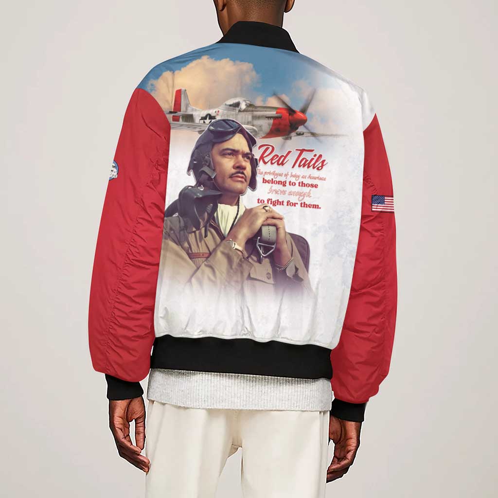 Sky Leaders of WWII Sleeve Zip Bomber Jacket Red Tails Tuskegee Tribute - Red - African Pride