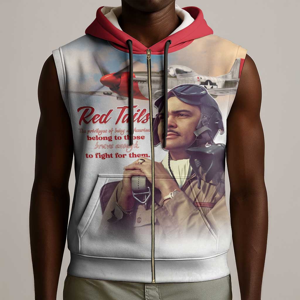 Sky Leaders of WWII Sleeveless Zip Hoodie Red Tails Tuskegee Tribute - Red - African Pride
