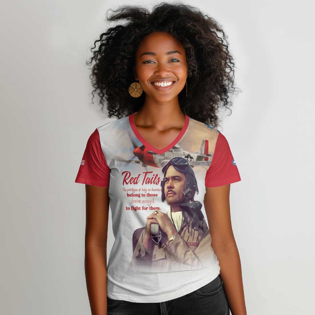 Sky Leaders of WWII Women V-Neck T-Shirt Red Tails Tuskegee Tribute - Red - African Pride