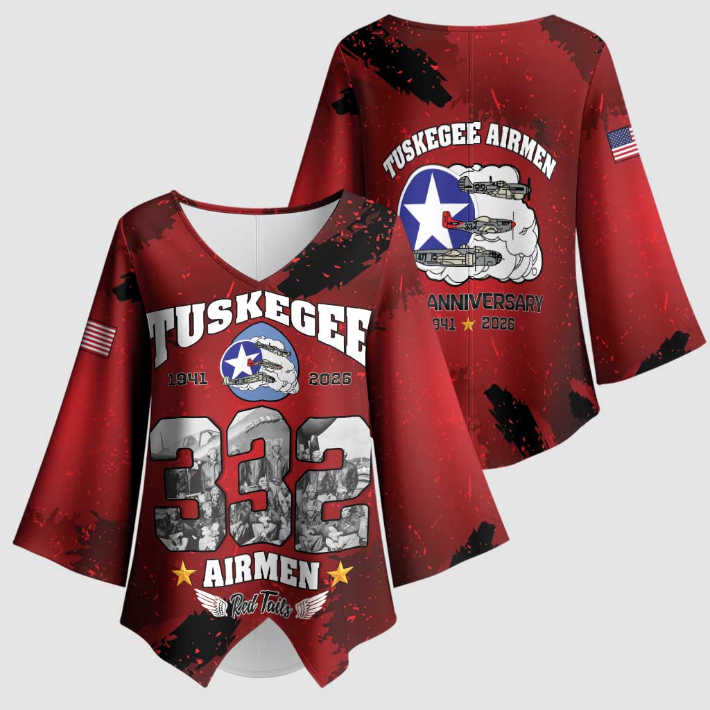 85 Years of Tuskegee Airmen Kimono Sleeve Blouse 332nd Fighter Group Red Tails