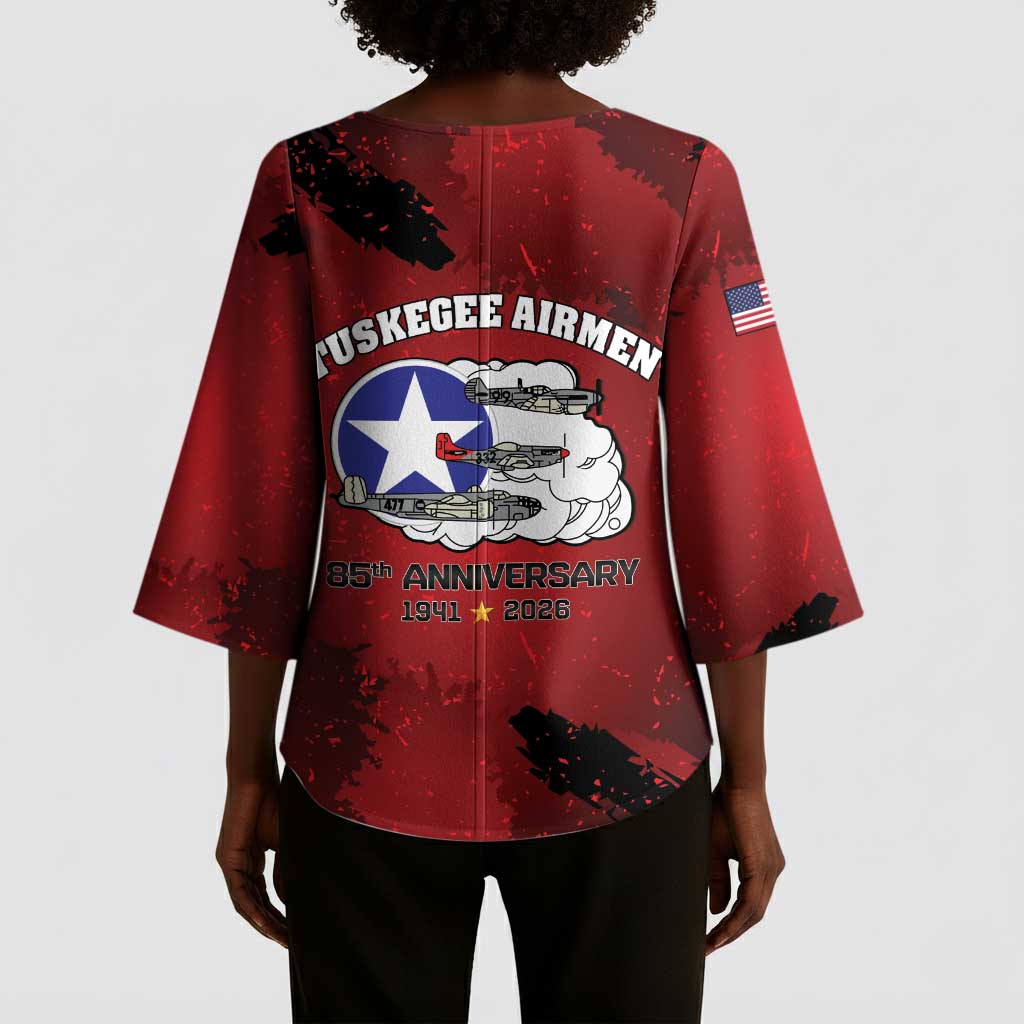 85 Years of Tuskegee Airmen Kimono Sleeve Blouse 332nd Fighter Group Red Tails