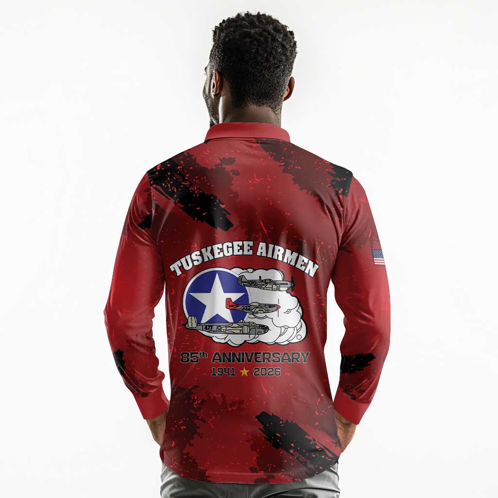 Tuskegee Airmen 1941–2026 Long Sleeve Polo Shirt 332nd Red Tails 85th Anniversary - African Pride