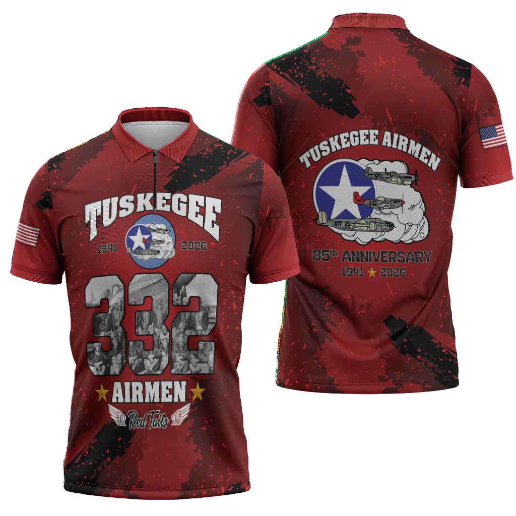 85 Years of Tuskegee Airmen Zipper Polo Shirt 332nd Fighter Group Red Tails