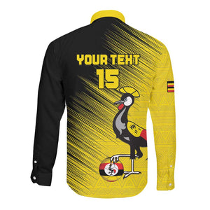 Uganda Football Custom Long Sleeve Button Shirt African Pattern Mix Grunge Style - Yellow Color