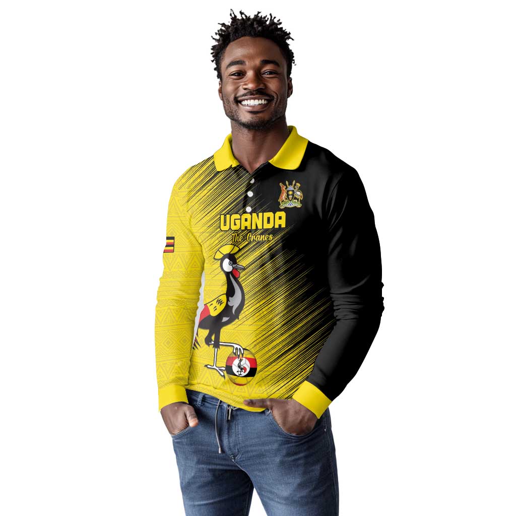 Uganda Football Custom Long Sleeve Polo Shirt African Pattern Mix Grunge Style - Yellow Color