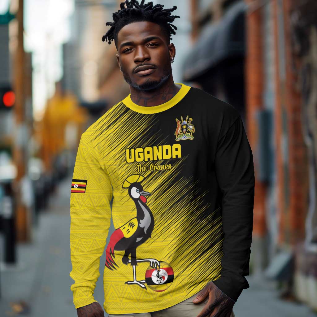 Uganda Football Custom Long Sleeve Shirt African Pattern Mix Grunge Style - Yellow Color