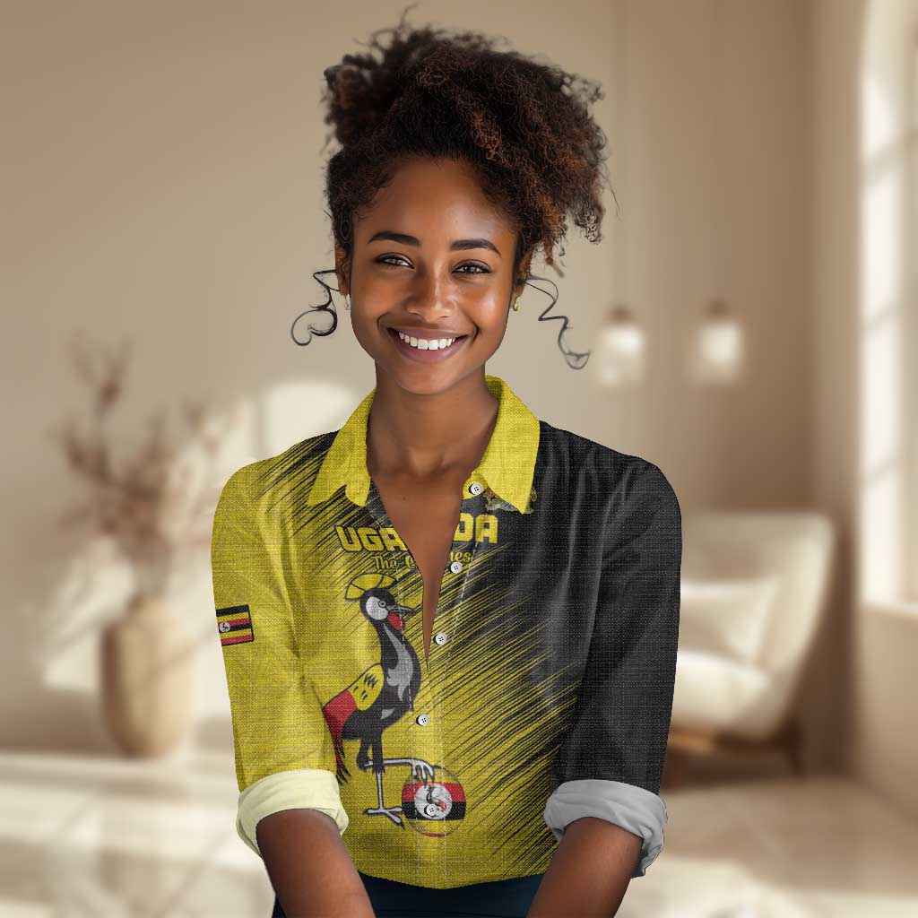 Uganda Football Custom Women Casual Shirt African Pattern Mix Grunge Style - Yellow Color LT15