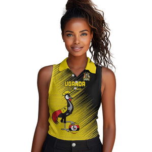 Uganda Football Custom Women Sleeveless Polo Shirt African Pattern Mix Grunge Style - Yellow Color