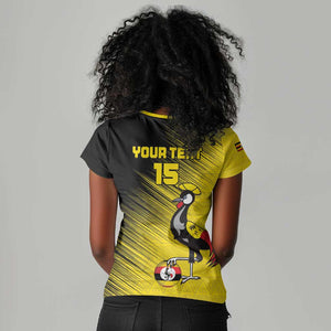 Uganda Football Custom Women V-Neck T-Shirt African Pattern Mix Grunge Style - Yellow Color