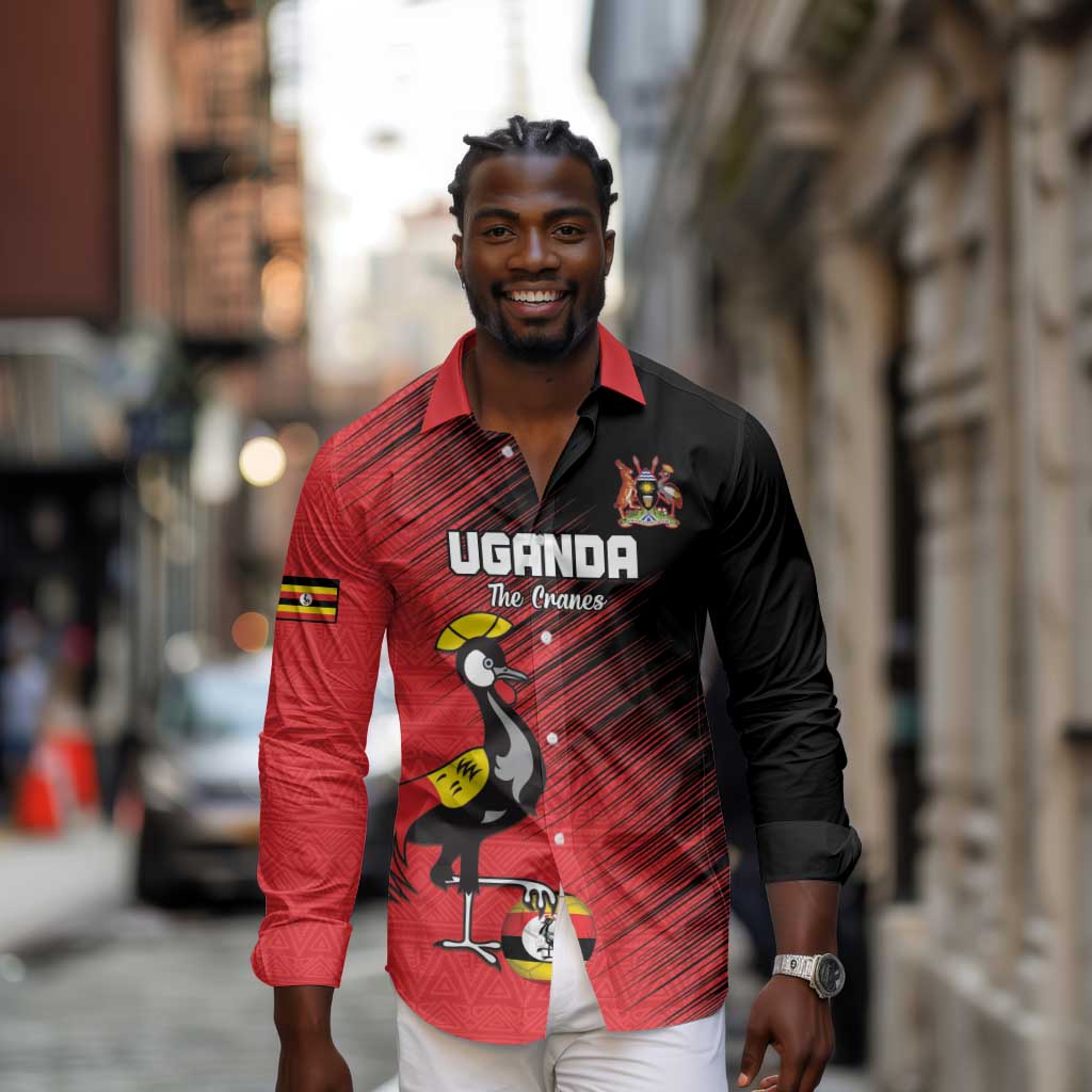 Uganda Football Custom Long Sleeve Button Shirt African Pattern Mix Grunge Style - Red Color