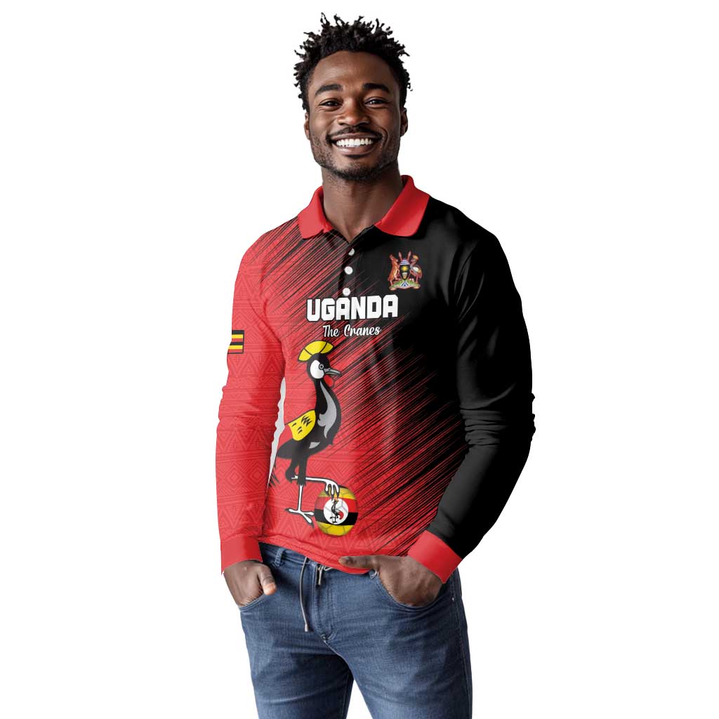 Uganda Football Custom Long Sleeve Polo Shirt African Pattern Mix Grunge Style - Red Color