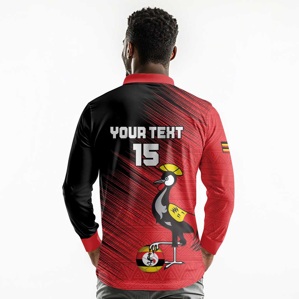 Uganda Football Custom Long Sleeve Polo Shirt African Pattern Mix Grunge Style - Red Color