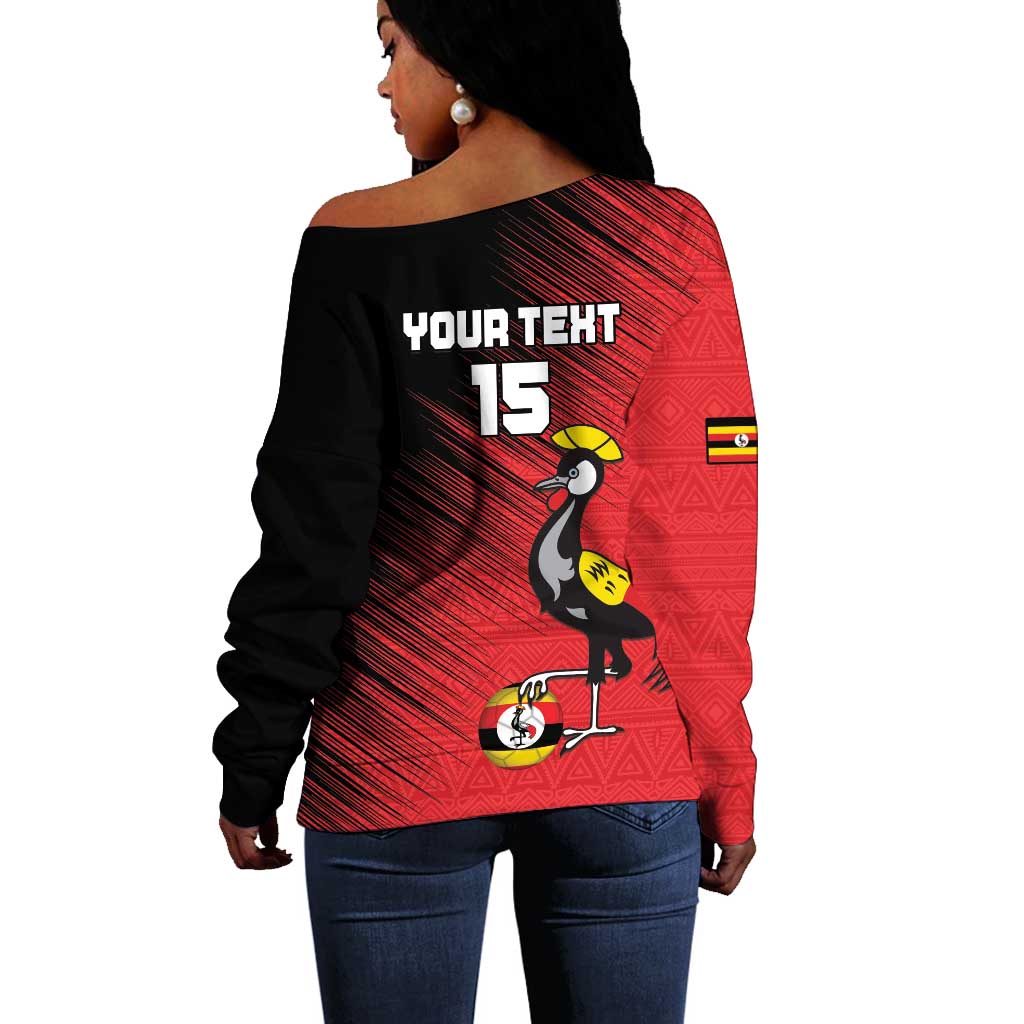 Uganda Football Custom Off Shoulder Sweater African Pattern Mix Grunge Style - Red Color