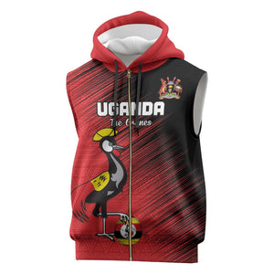 Uganda Football Custom Sleeveless Zip Hoodie African Pattern Mix Grunge Style - Red Color - African Pride