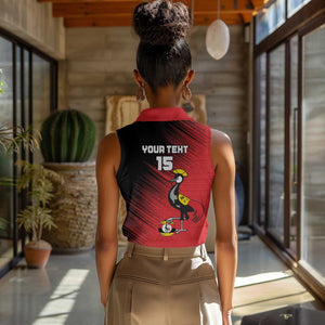 Uganda Football Custom Women Sleeveless Polo Shirt African Pattern Mix Grunge Style - Red Color