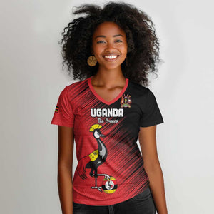 Uganda Football Custom Women V-Neck T-Shirt African Pattern Mix Grunge Style - Red Color