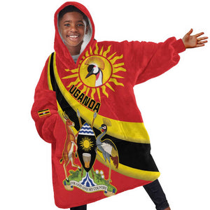 Personalised Afro Uganda Kid Wearable Blanket Hoodie Black Crowned Crane With Coat Of Arms