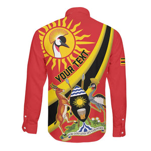Personalised Afro Uganda Long Sleeve Button Shirt Black Crowned Crane With Coat Of Arms