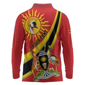 Personalised Afro Uganda Long Sleeve Polo Shirt Black Crowned Crane With Coat Of Arms