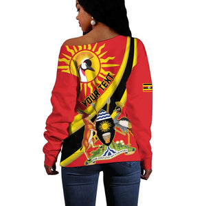 Personalised Afro Uganda Off Shoulder Sweater Black Crowned Crane With Coat Of Arms