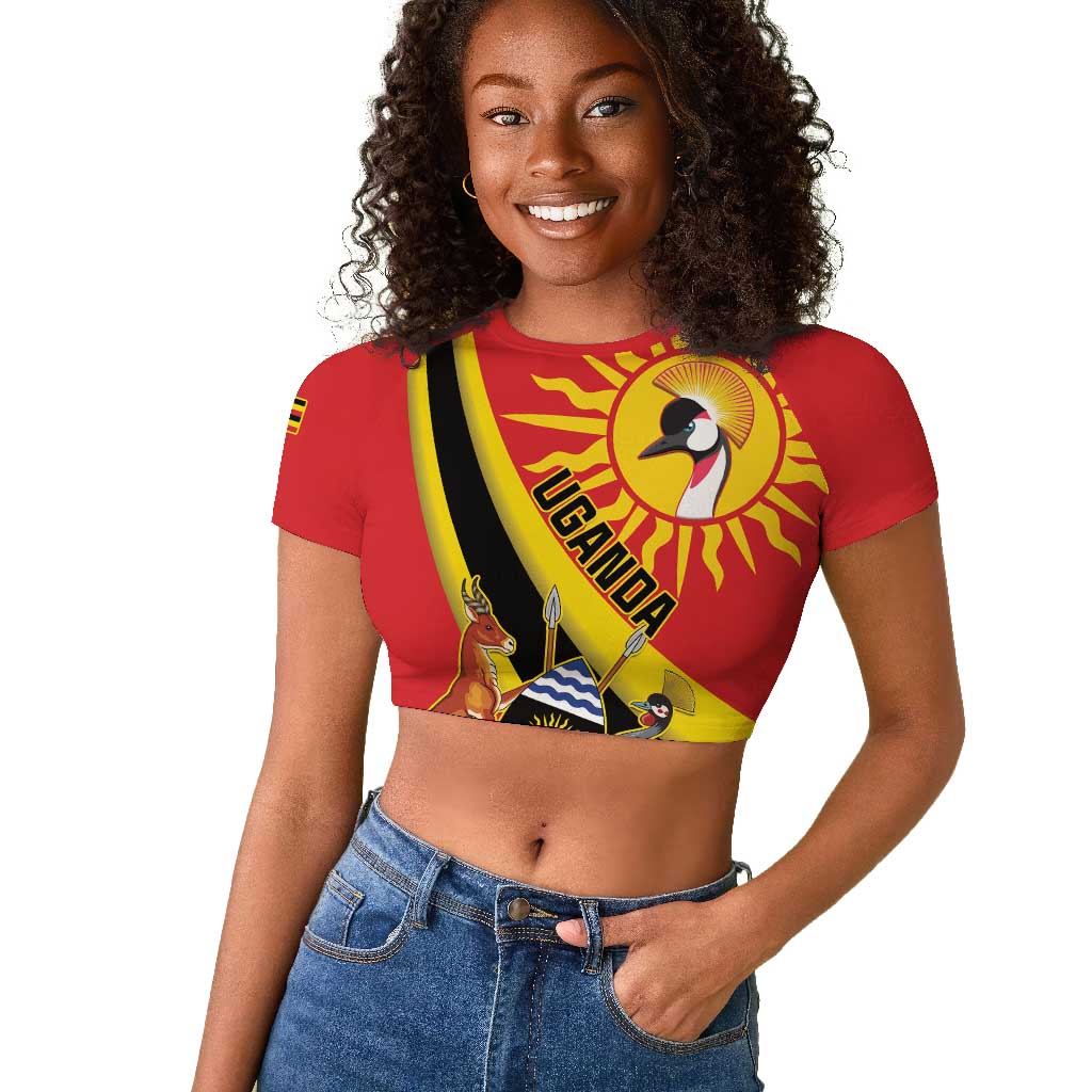 Personalised Afro Uganda Raglan Cropped T shirt Black Crowned Crane With Coat Of Arms