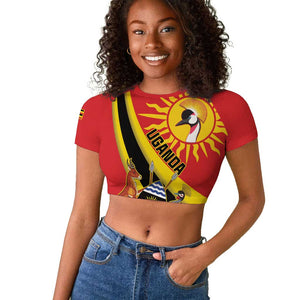Personalised Afro Uganda Raglan Cropped T shirt Black Crowned Crane With Coat Of Arms