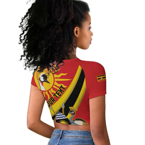 Personalised Afro Uganda Raglan Cropped T shirt Black Crowned Crane With Coat Of Arms