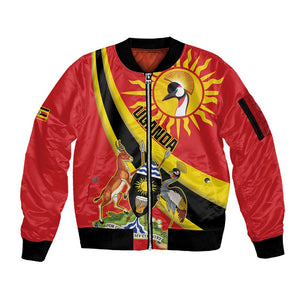 Personalised Afro Uganda Sleeve Zip Bomber Jacket Black Crowned Crane With Coat Of Arms
