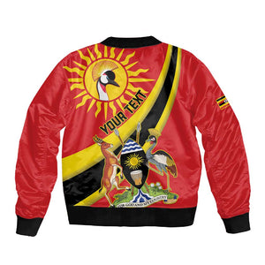 Personalised Afro Uganda Sleeve Zip Bomber Jacket Black Crowned Crane With Coat Of Arms
