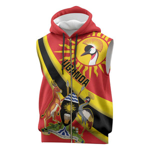 Personalised Afro Uganda Sleeveless Zip Hoodie Black Crowned Crane With Coat Of Arms - African Pride
