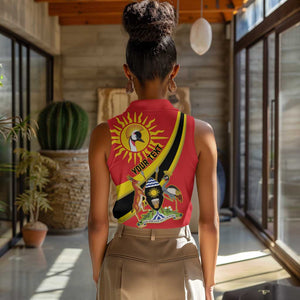 Personalised Afro Uganda Women Sleeveless Polo Shirt Black Crowned Crane With Coat Of Arms