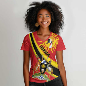Personalised Afro Uganda Women V-Neck T-Shirt Black Crowned Crane With Coat Of Arms