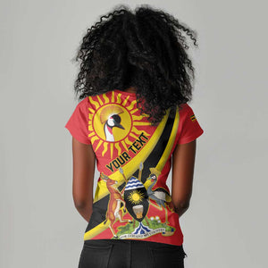Personalised Afro Uganda Women V-Neck T-Shirt Black Crowned Crane With Coat Of Arms